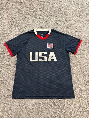 Striker Men USA Blue V-Neck Short Sleeve Jersey Large American Soccer Athleisure